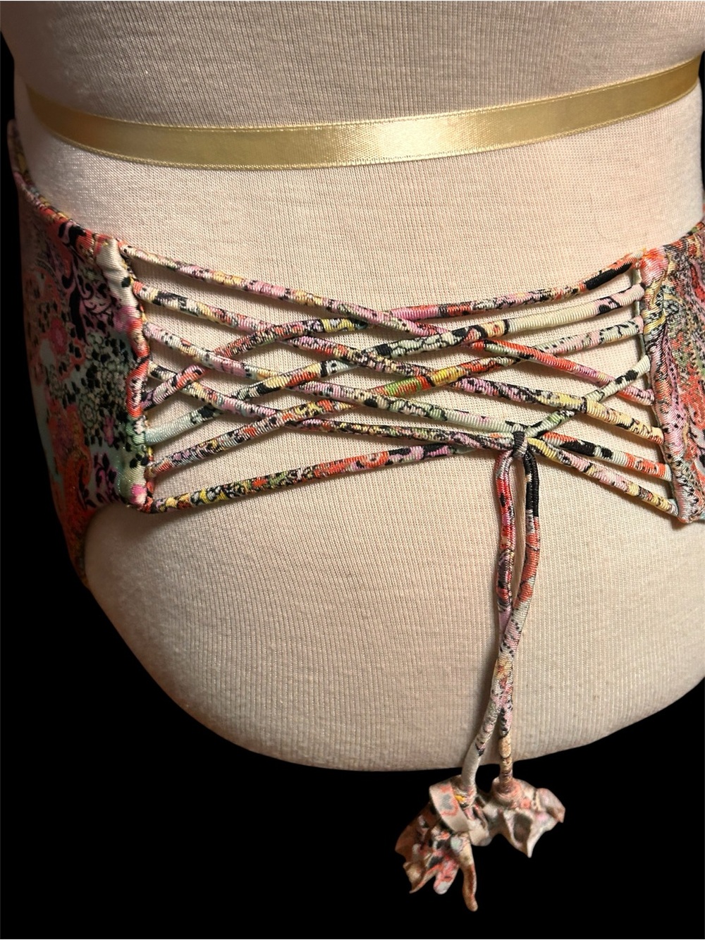 Luli Fama Floral Trim Bikini Top in Green, Coral & Black - Picture 3 of 11